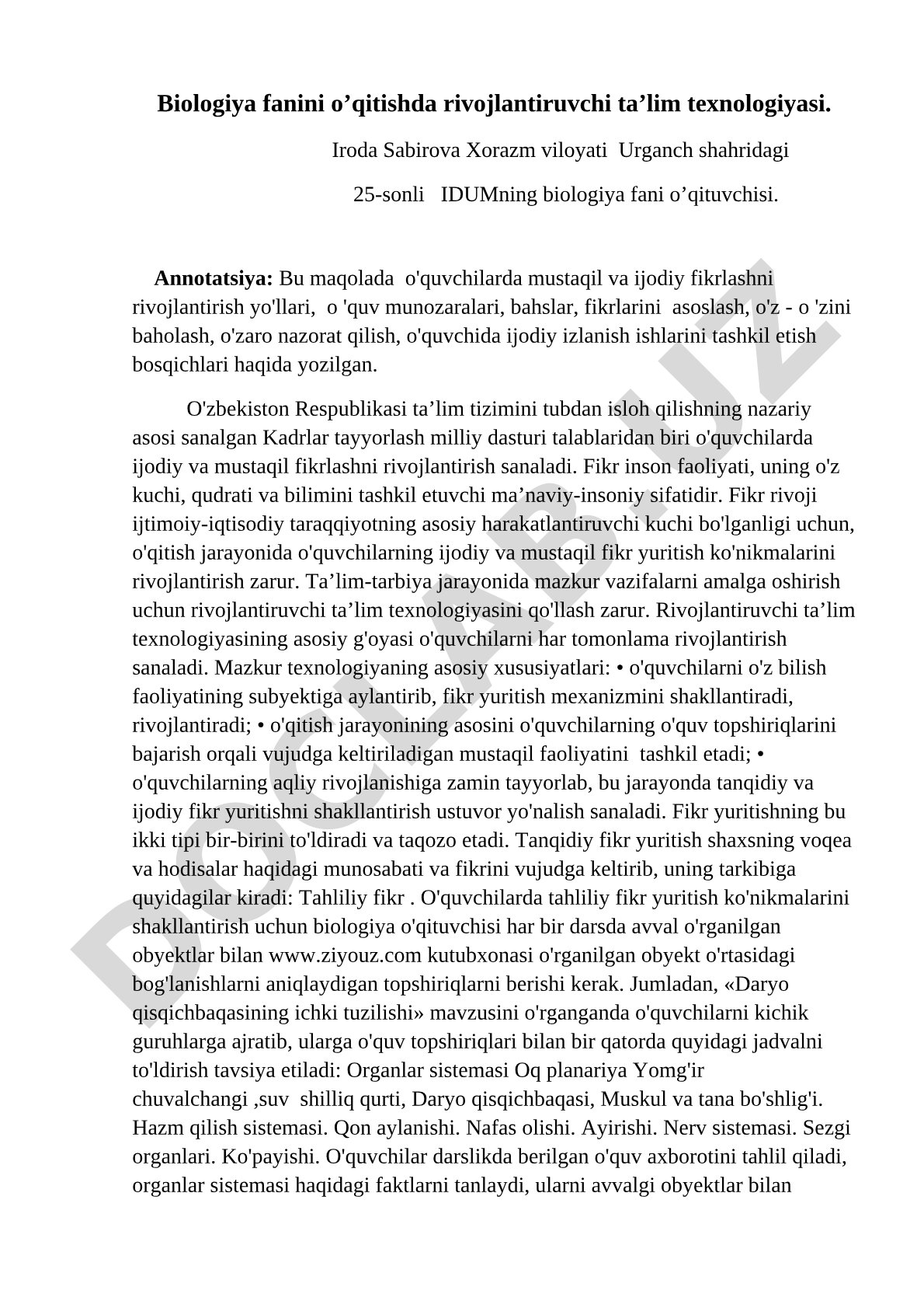 Biologiya fanini o’qitishda rivojlantiruvchi ta’lim texnologiyasi