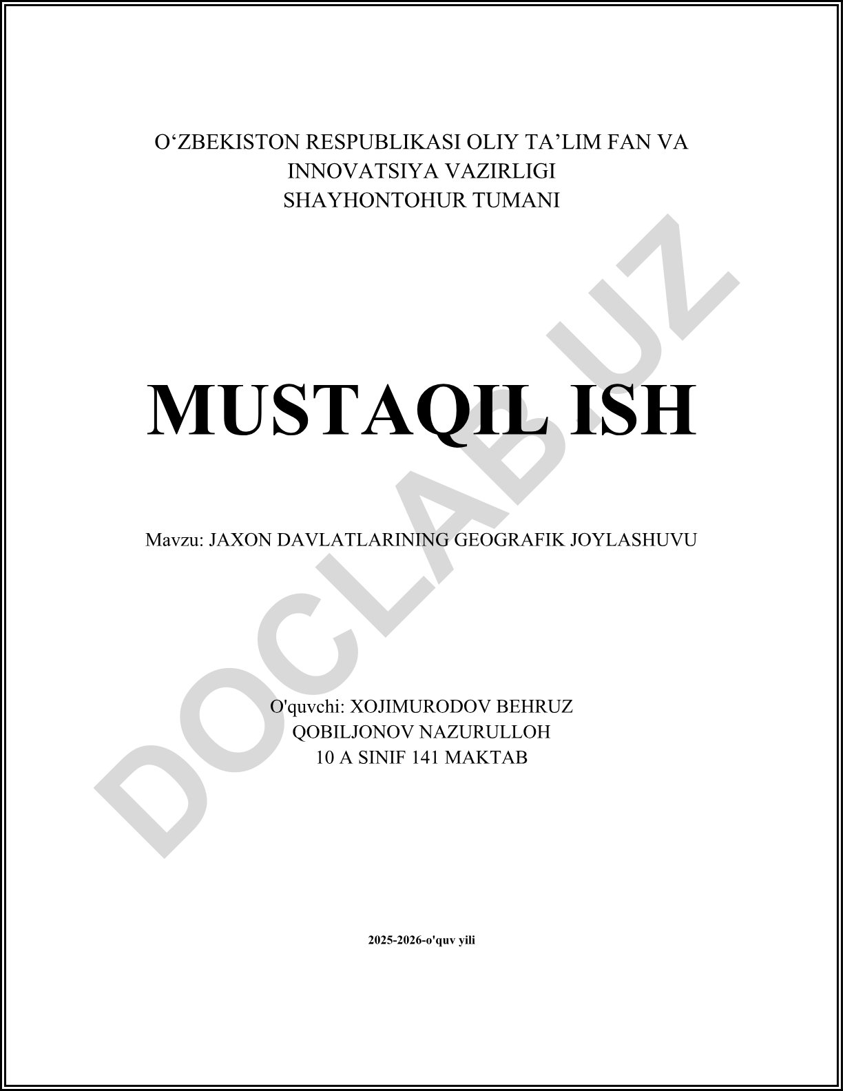 Jahon davlatlarining geografik joylashuvi