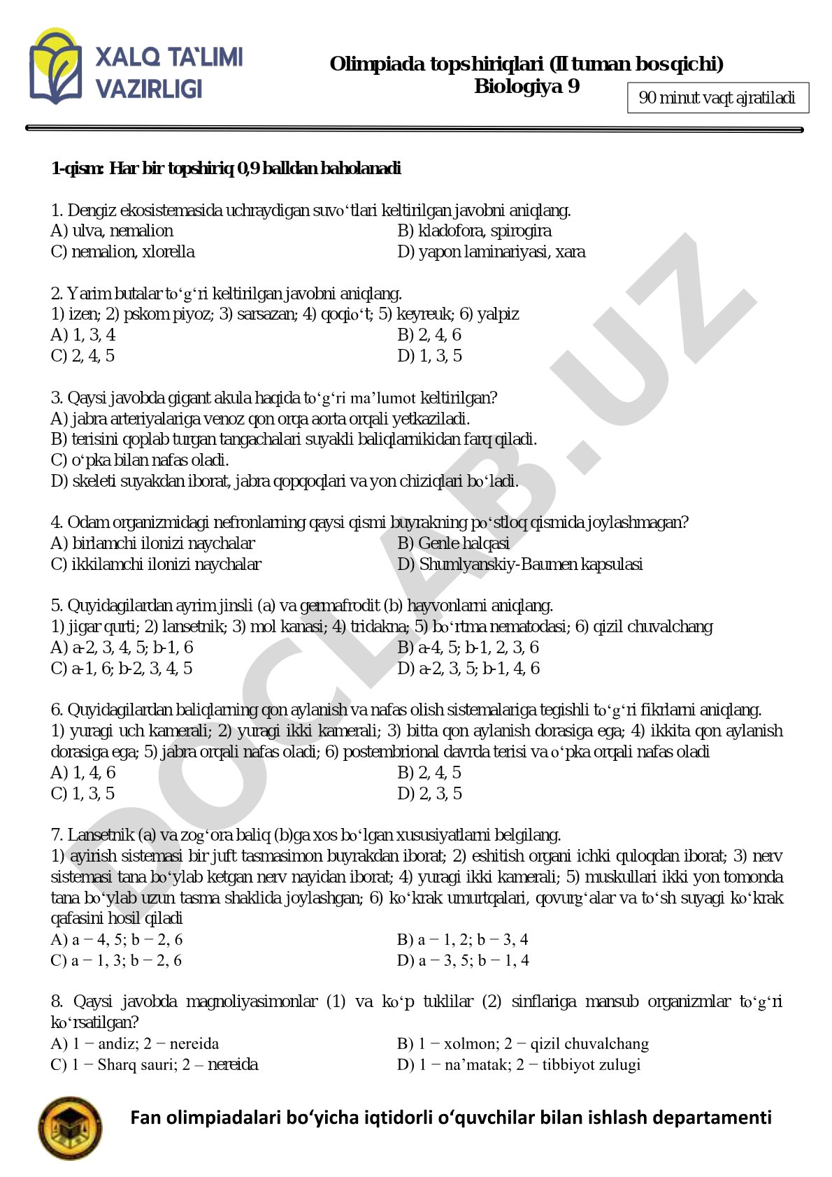 Biologiya fanidan olimpiada topshiriqlari (9-sinf)