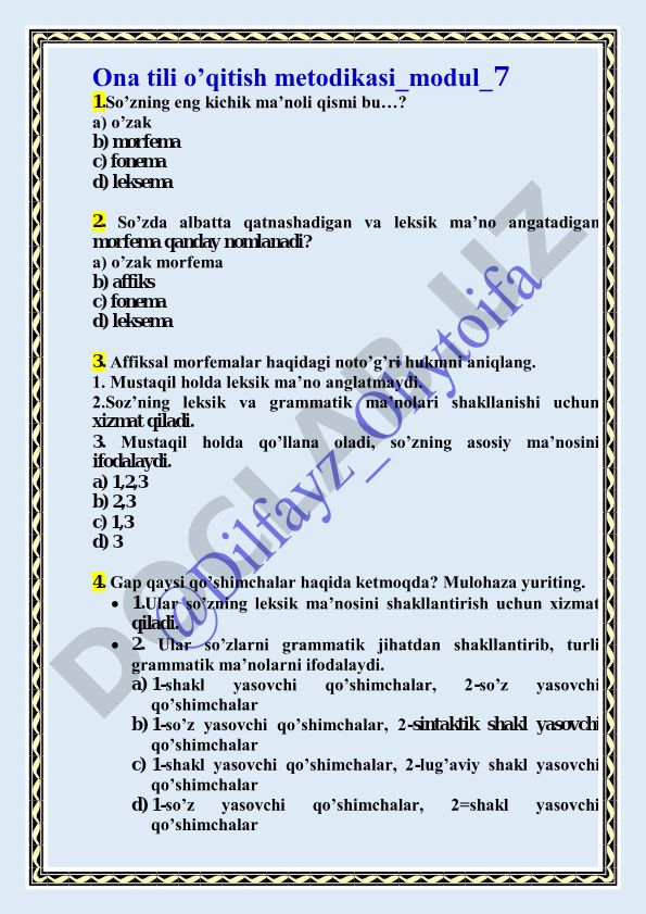 Ona tili o'qitish metodikasi modul 7 test savollari