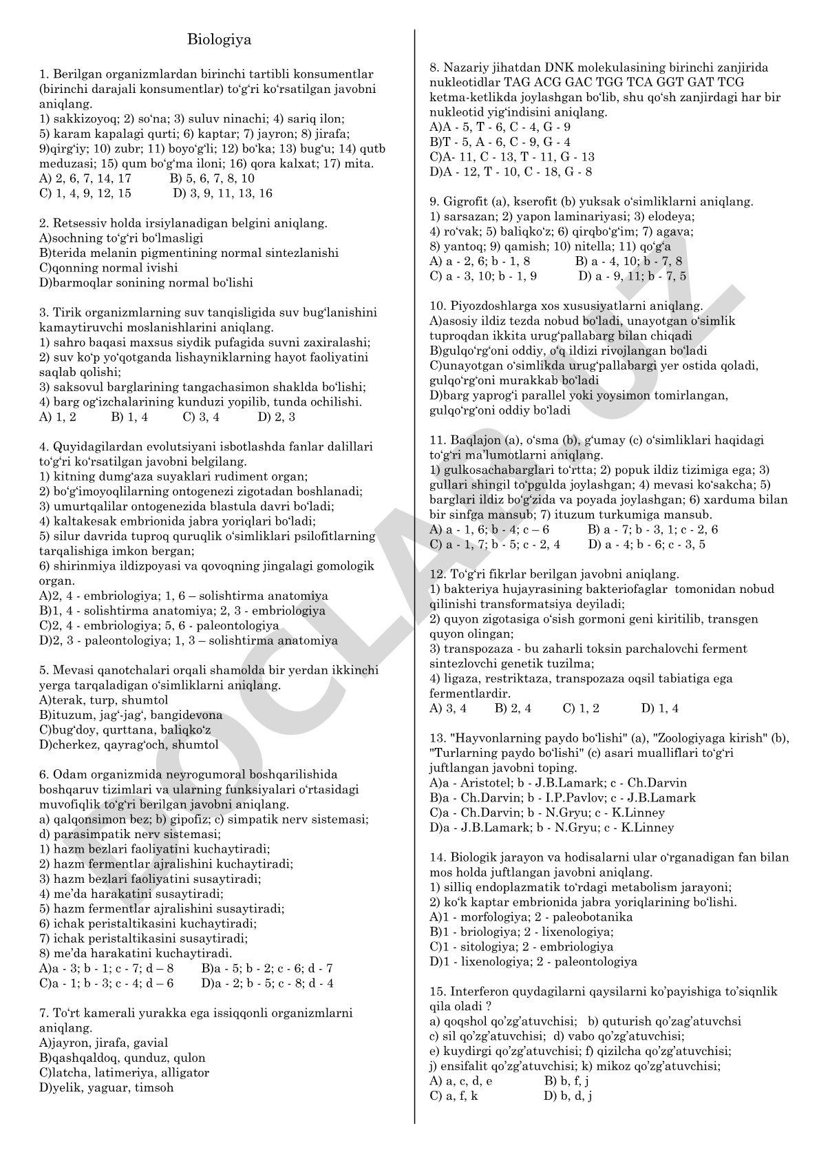 Biologiya fanidan test savollari