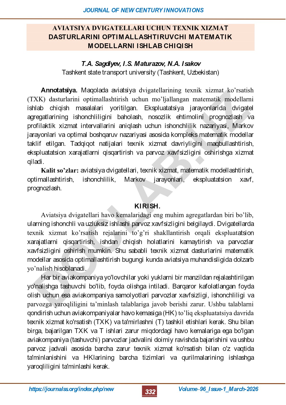 Aviatsiya dvigatellari uchun texnik xizmat dasturlarini optimallashtiruvchi matematik modellarni ishlab chiqish