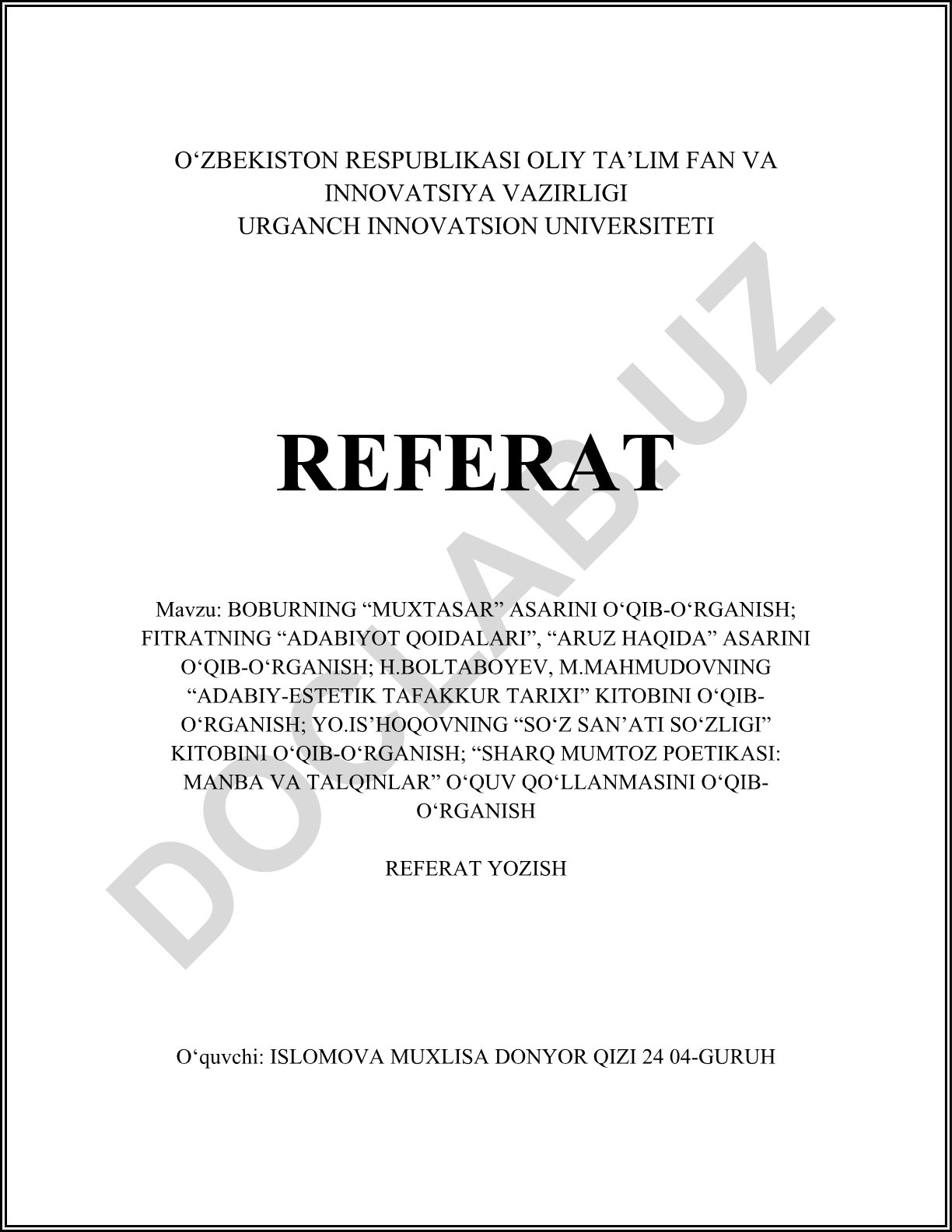 Boburning "Muxtasar" asari, Fitratning "Adabiyot qoidalari" va "Aruz haqida" asarlari, "Adabiy-estetik tafakkur tarixi", "Soʻz sanʼati soʻzligi" va "Sharq mumtoz poetikasi: manba va talqinlar" asarlarini oʻrganish