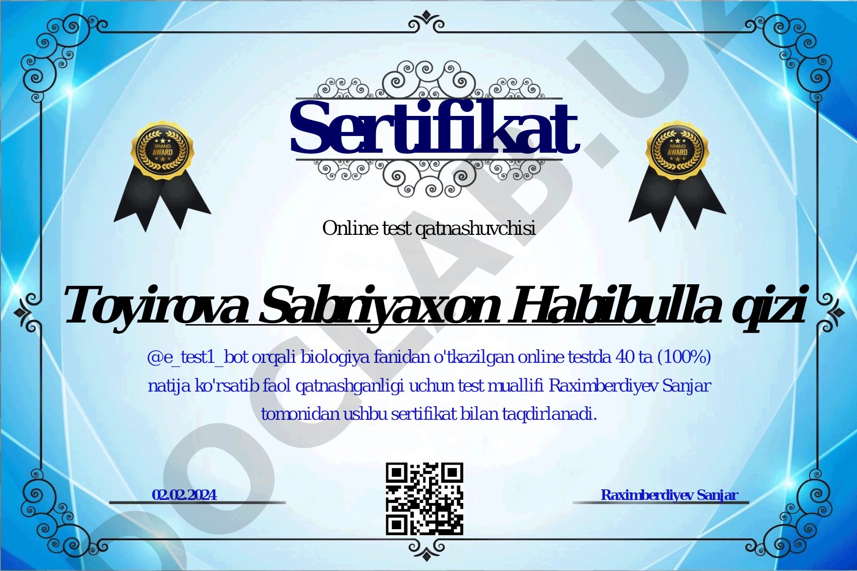 Biologiya fanidan online test sertifikatlari