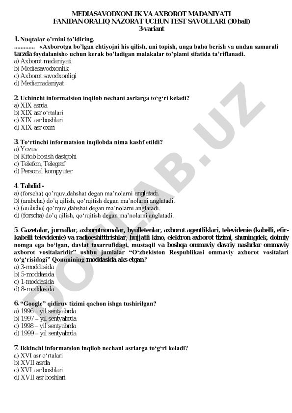 Mediasavodxonlik va axborot madaniyati fanidan test savollari