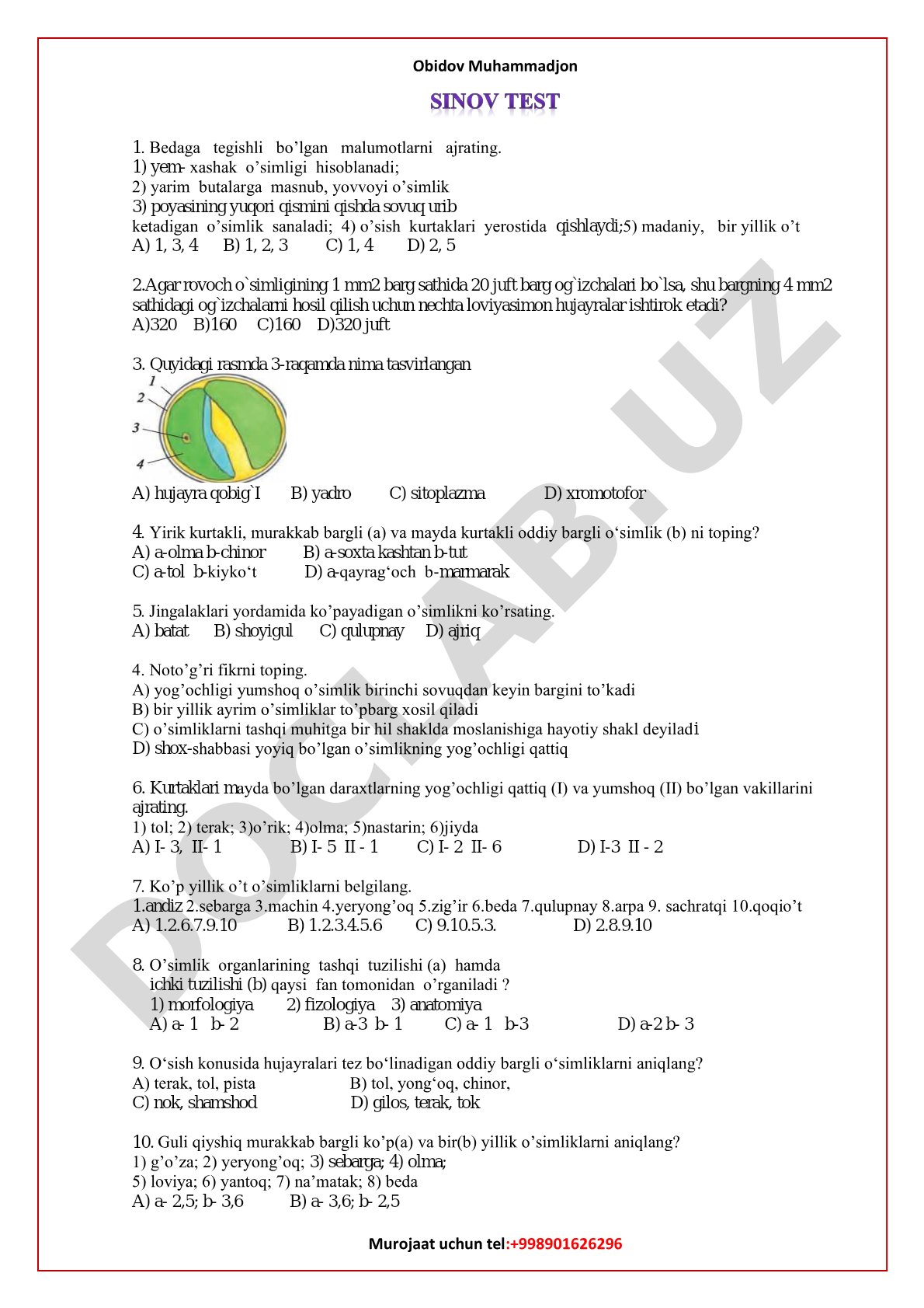 Botanika fanidan test savollari