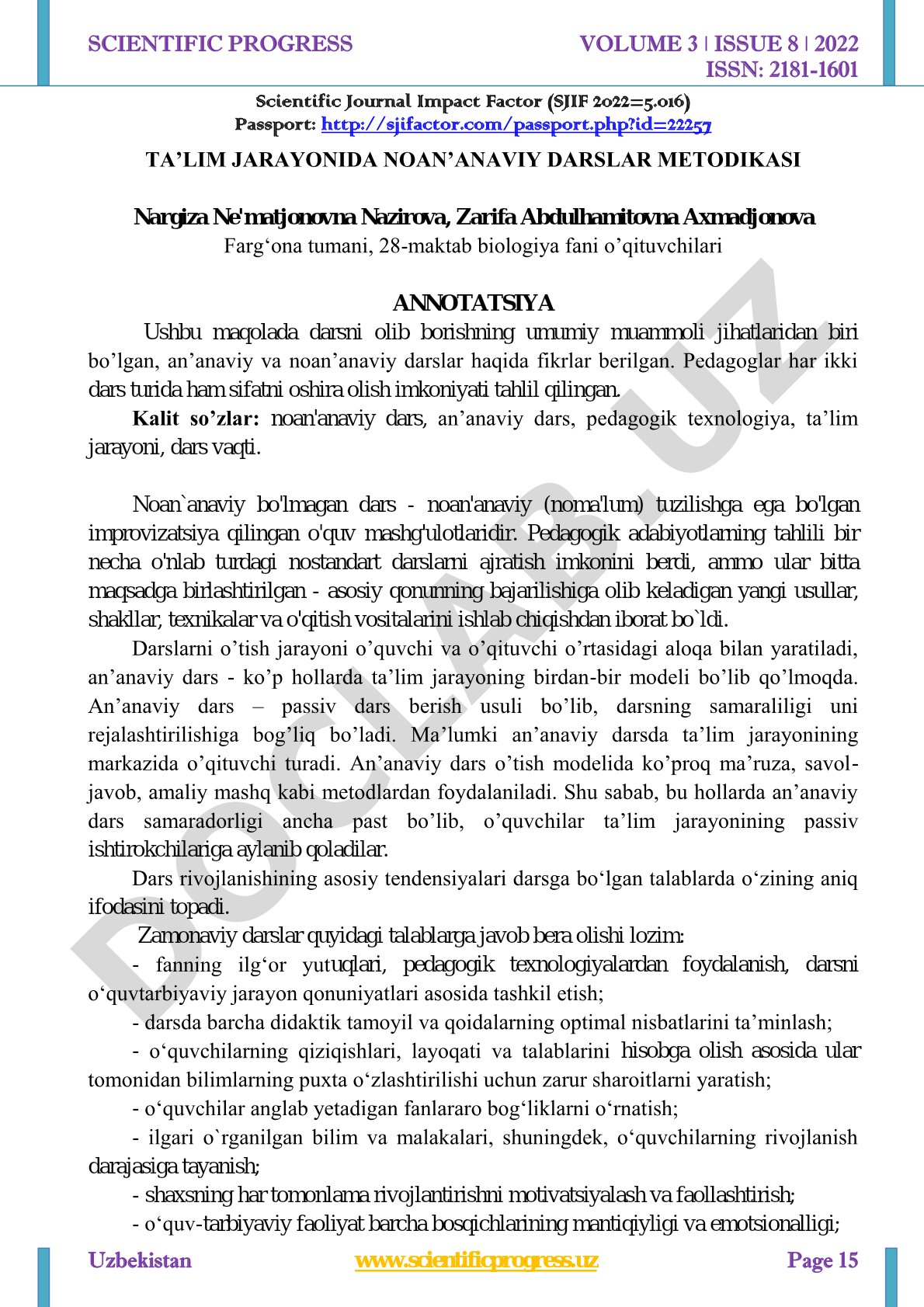 Ta'lim jarayonida noan'anaviy darslar metodikasi
