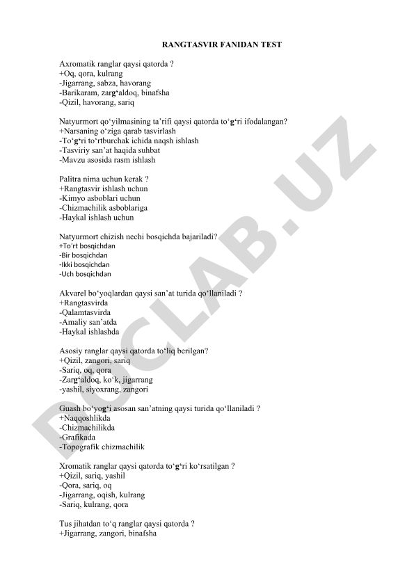 Rangtasvir fanidan test savollari