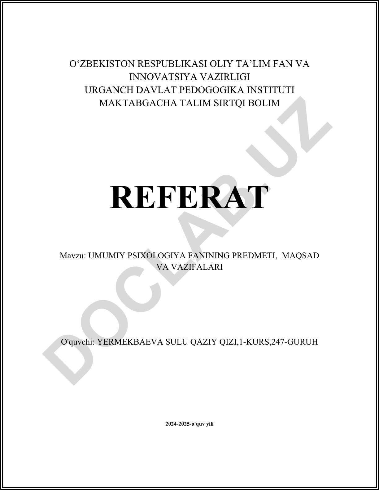 Umumiy psixologiya fanining predmeti, maqsad va vazifalari