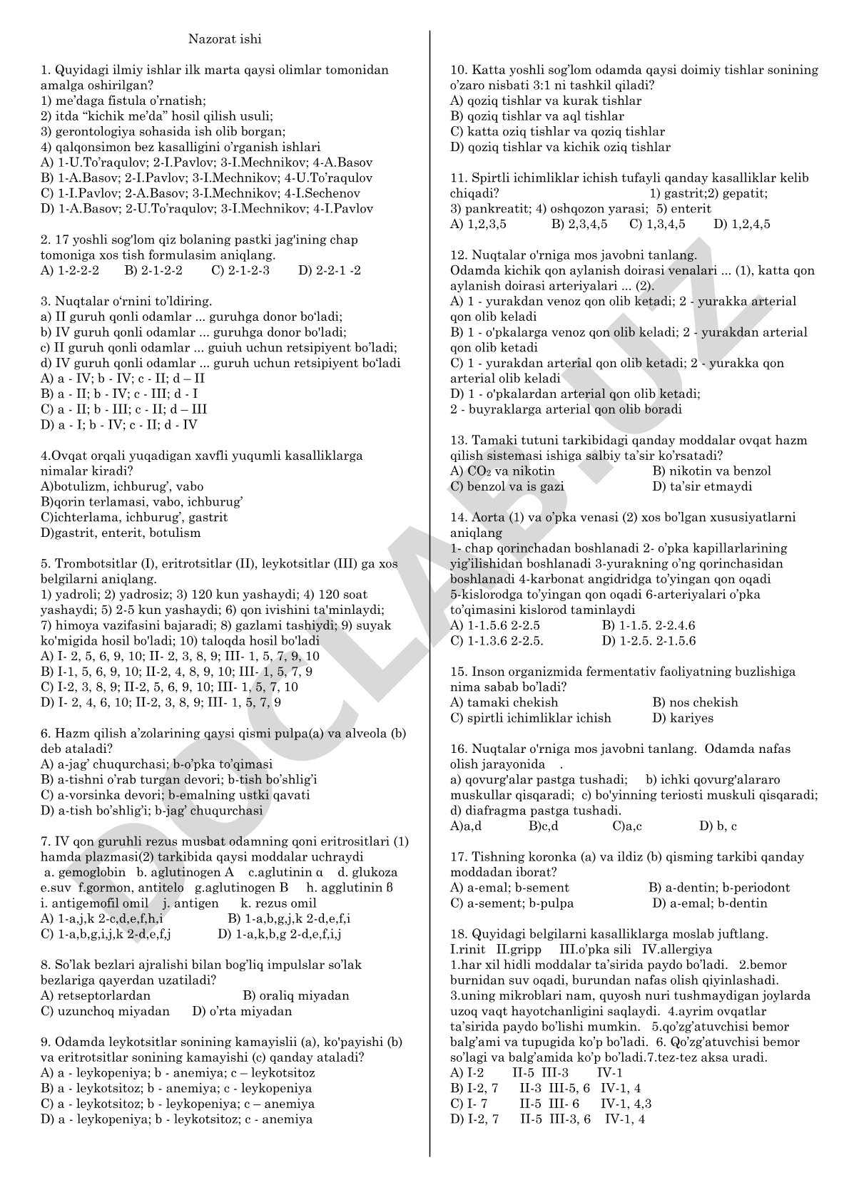Fiziologiya va anatomiya bo'yicha test savollari