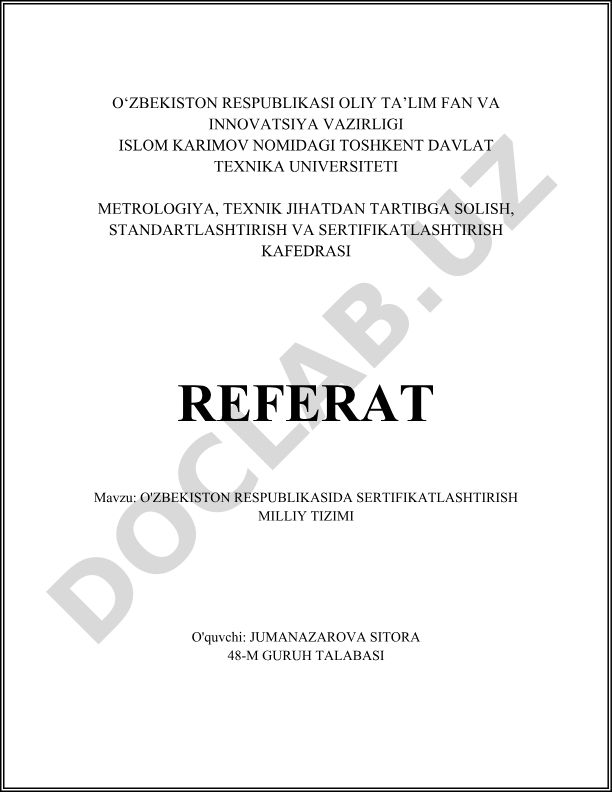 O'zbekiston Respublikasida sertifikatlashtirish milliy tizimi