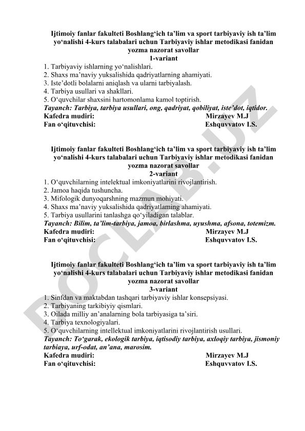 Tarbiyaviy ishlar metodikasi fanidan yozma nazorat savollar