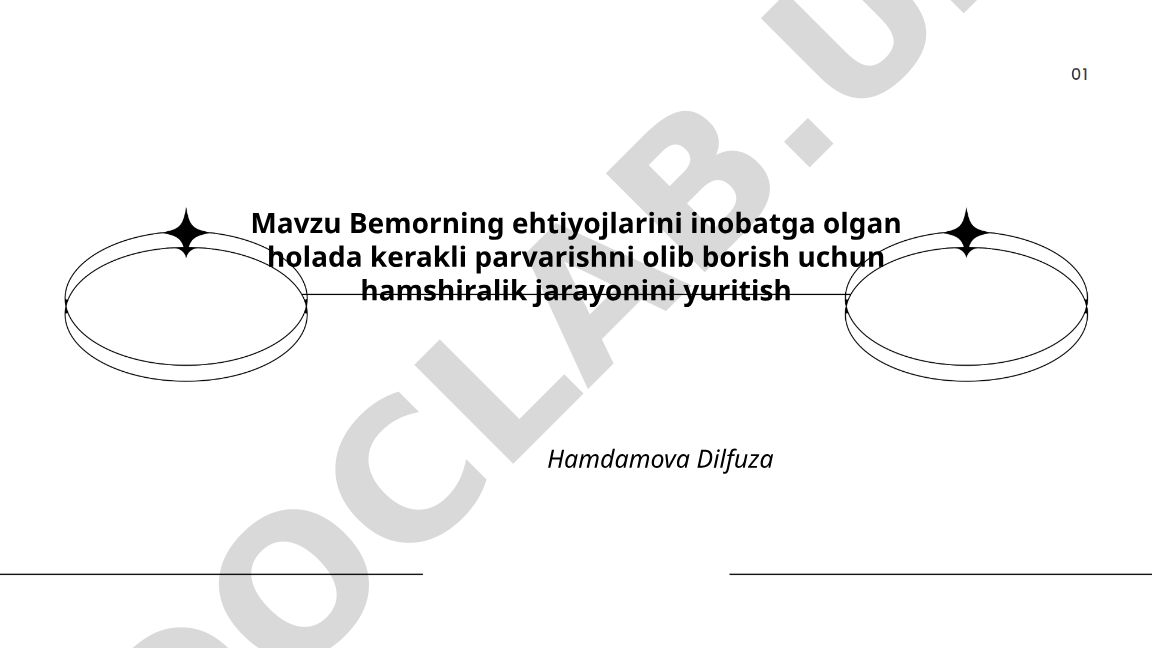 Bemorning ehtiyojlarini inobatga olgan holada kerakli parvarishni olib borish uchun hamshiralik jarayonini yuritish