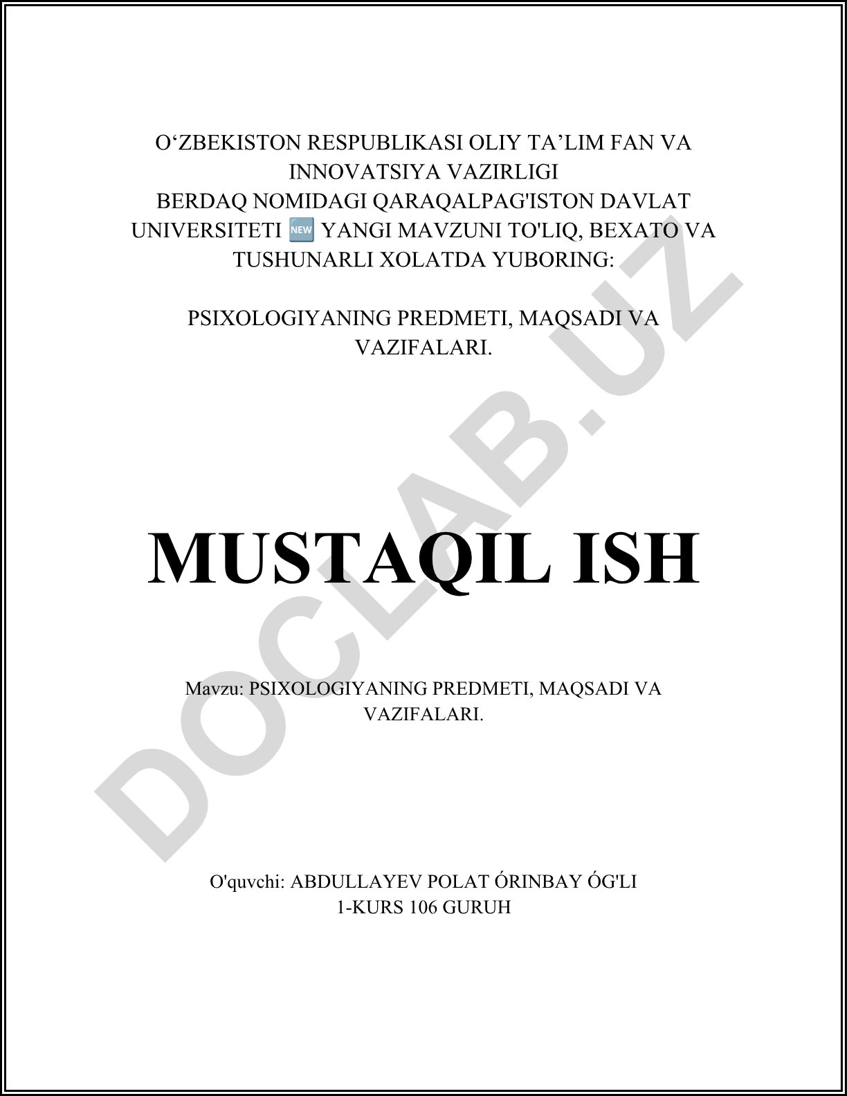 Psixologiyaning predmeti, maqsadi va vazifalari