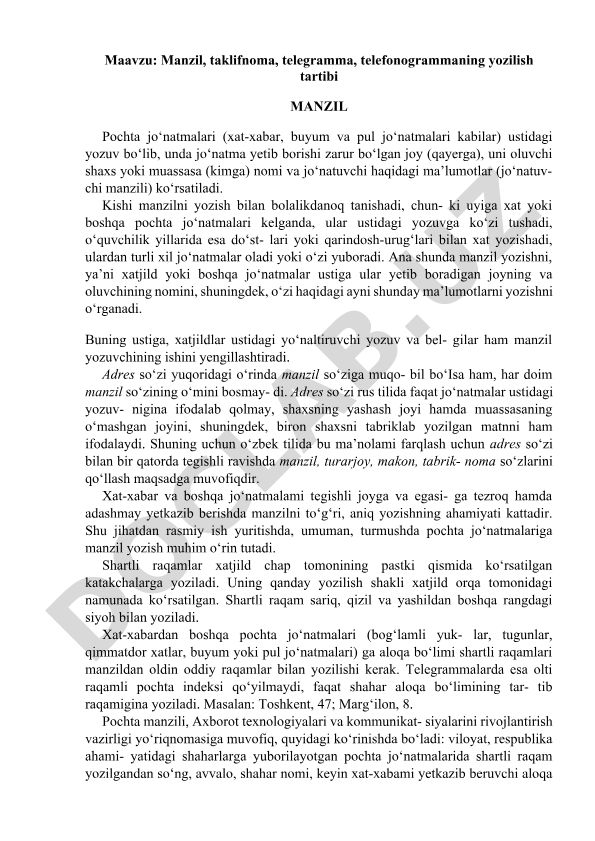 Manzil, taklifnoma, telegramma, telefonogrammaning yozilish tartibi