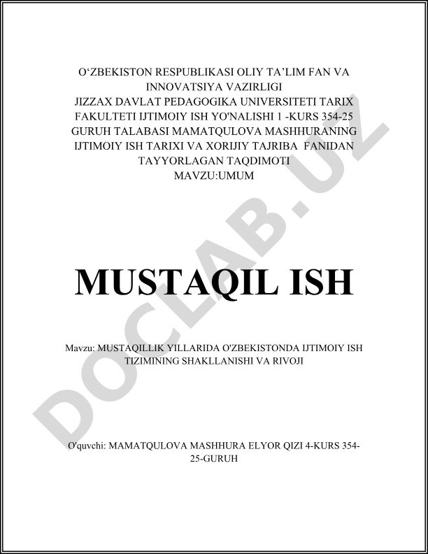 Mustaqillik yillarida O'zbekistonda ijtimoiy ish tizimining shakllanishi va rivoji