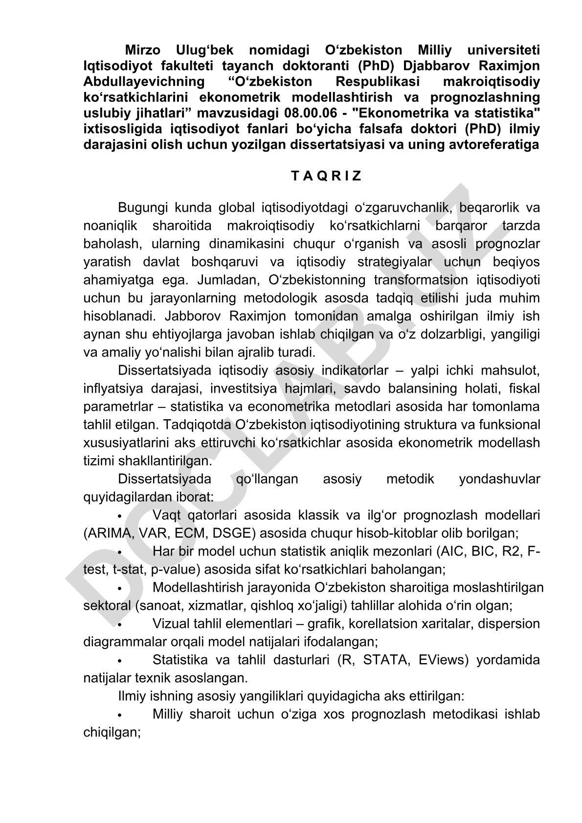 O‘zbekiston Respublikasi makroiqtisodiy ko‘rsatkichlarini ekonometrik modellashtirish va prognozlashning uslubiy jihatlari