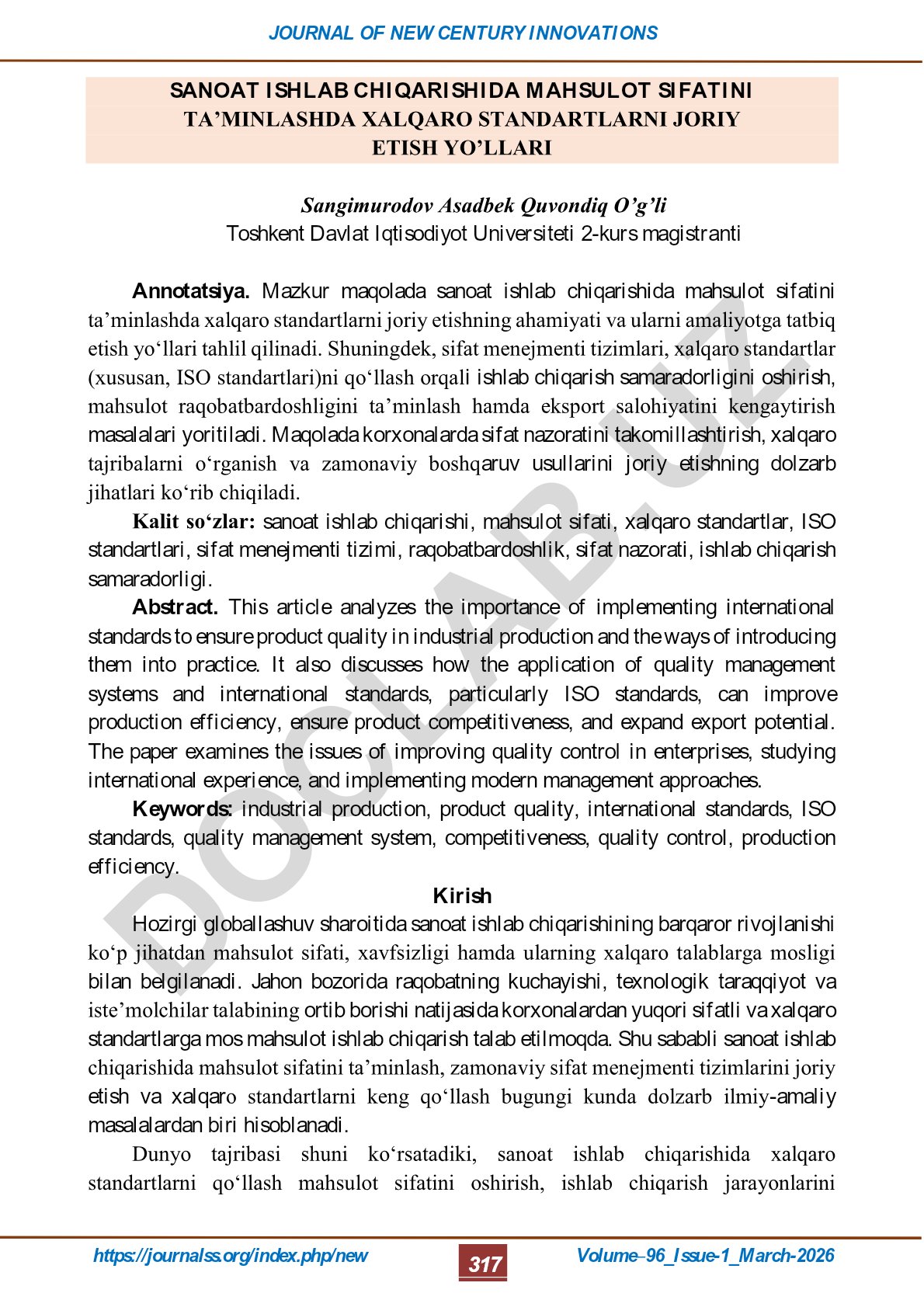 Sanoat ishlab chiqarishida mahsulot sifatini ta'minlashda xalqaro standartlarni joriy etish yo'llari