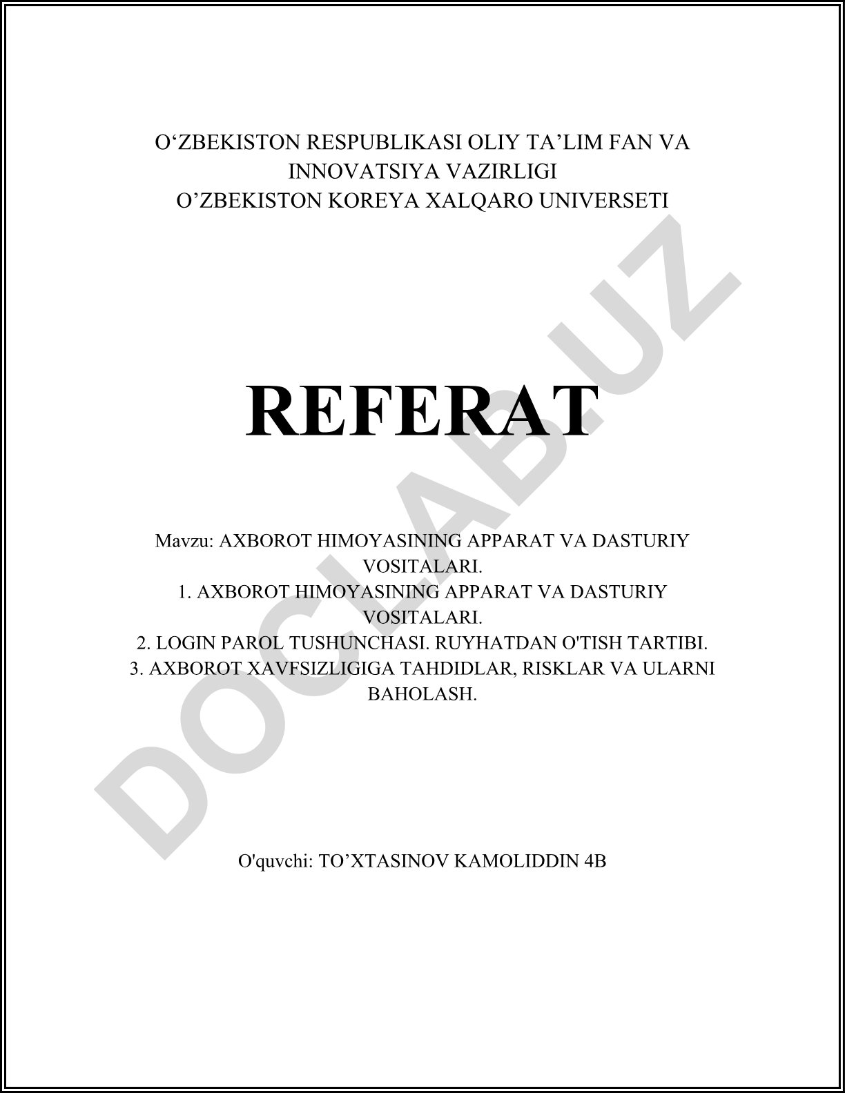 Axborot himoyasining apparat va dasturiy vositalari
