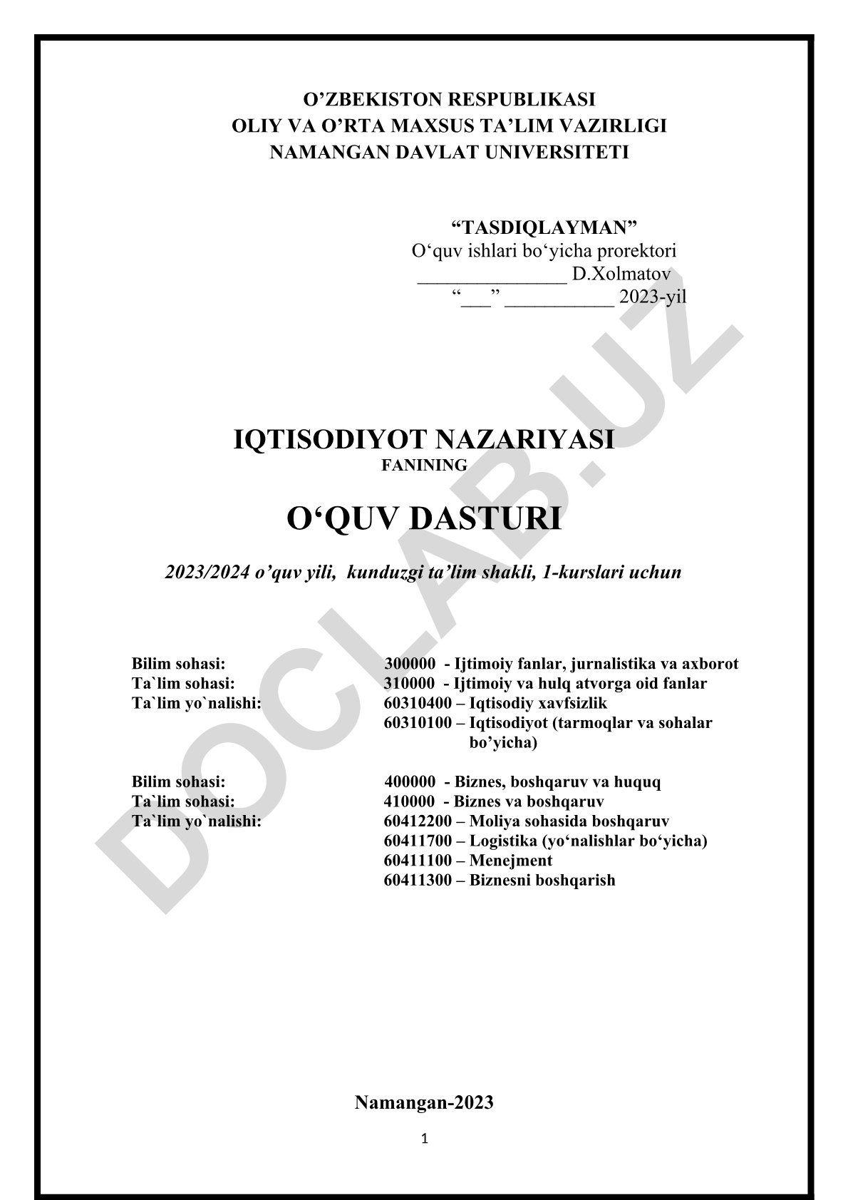 Iqtisodiyot nazariyasi fanining o'quv dasturi