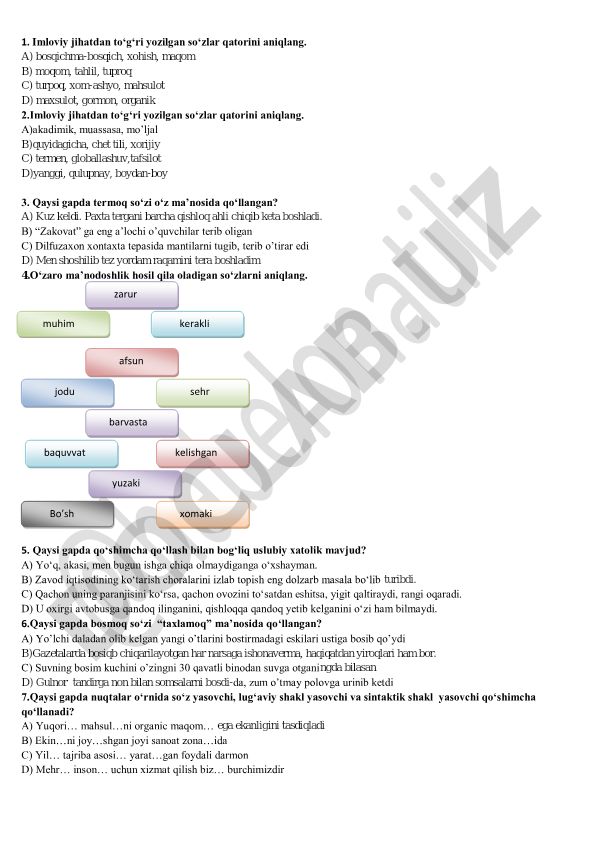 O'zbek tilida imloviy jihatdan to'g'ri yozilgan so'zlar va so'z qo'llash