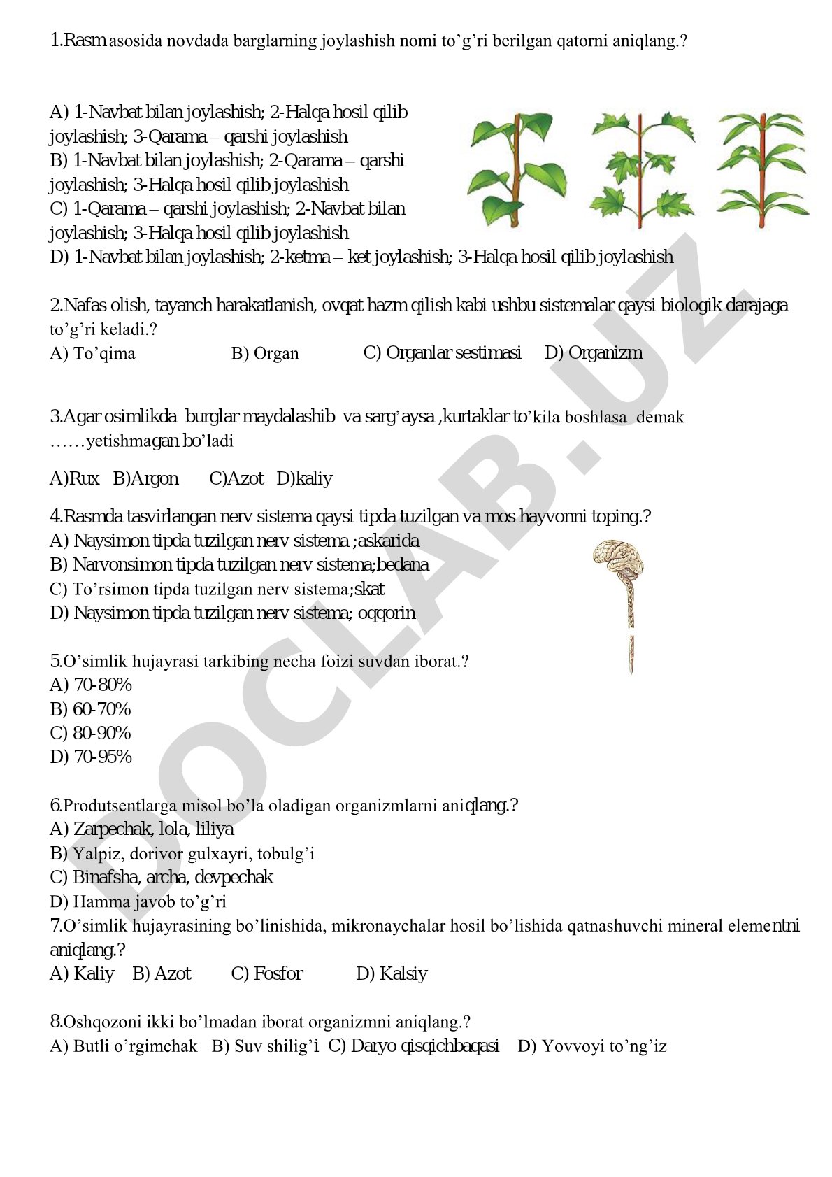 Biologiya fanidan test savollari