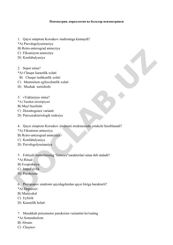 Psixiatriya, narkologiya va bolalar psixiatriyasi test savollari