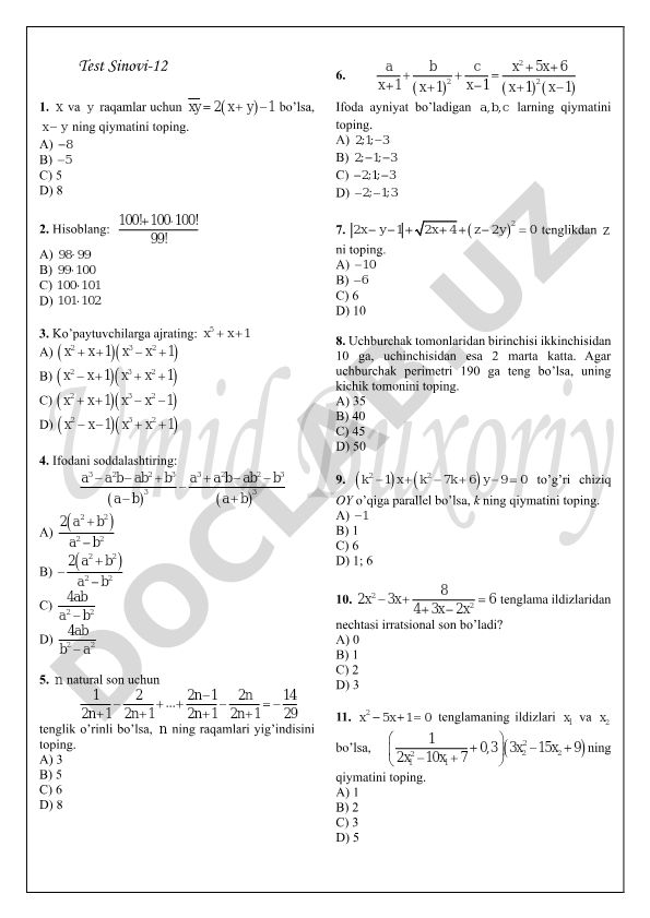 Matematika test sinovlari