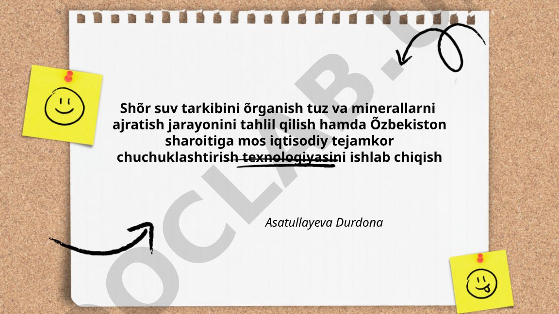 Sho'r suv tarkibini o'rganish va O'zbekiston sharoitiga mos chuchuklashtirish texnologiyasini ishlab chiqish