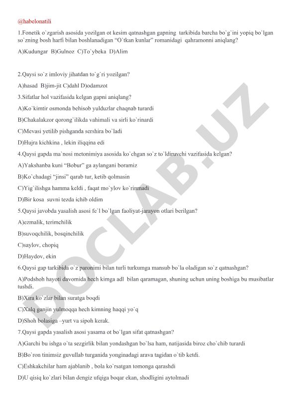 O'zbek tili test savollari va javoblari