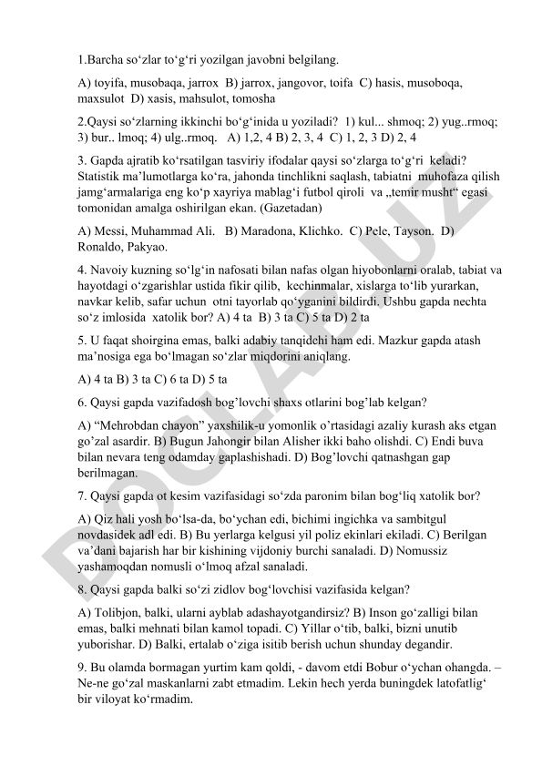O'zbek tili imlo va grammatikasi test savollari