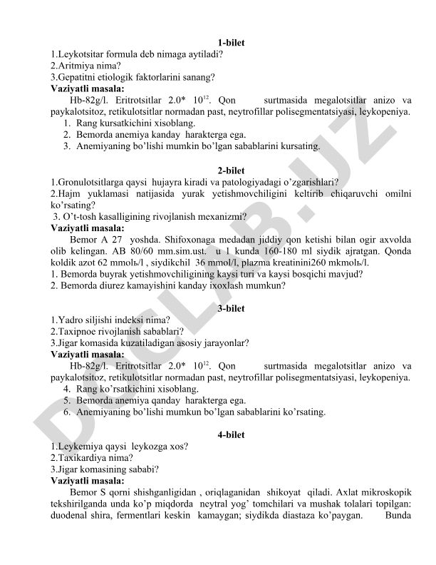 Tibbiyot fanidan test savollari va vaziyatli masalalar