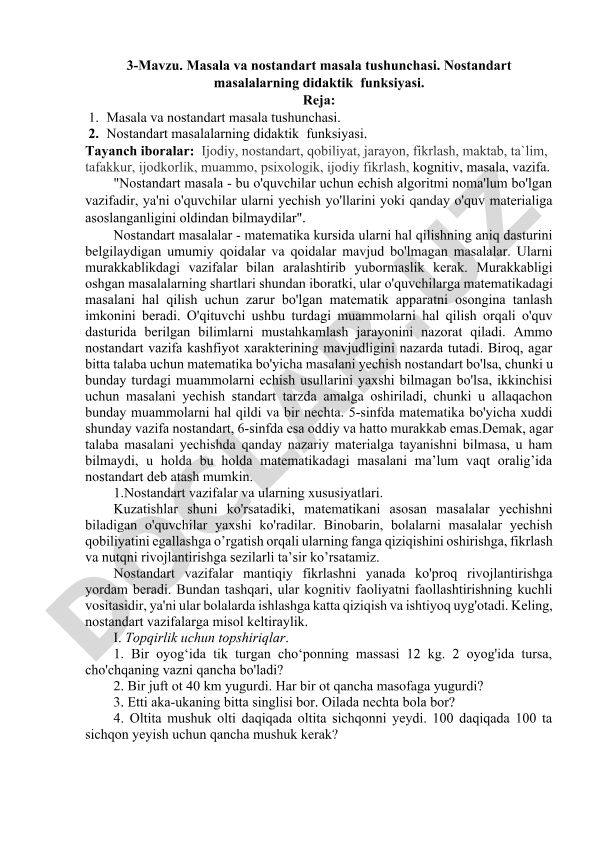 Masala va nostandart masala tushunchasi. Nostandart masalalarning didaktik funksiyasi
