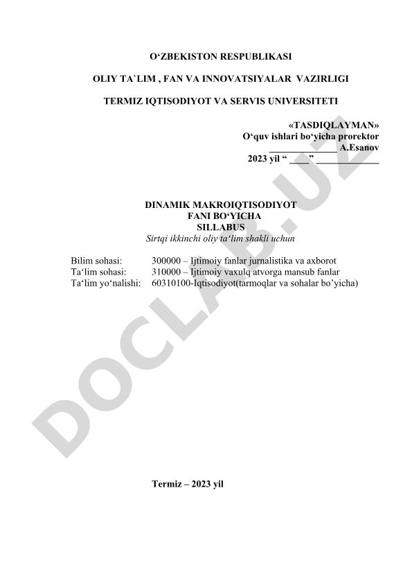 Dinamik makroiqtisodiyot fani bo'yicha sillabus