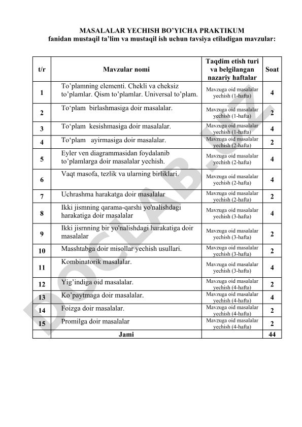 Masalalar yechish bo'yicha praktikum fanidan mustaqil ta'lim mavzulari
