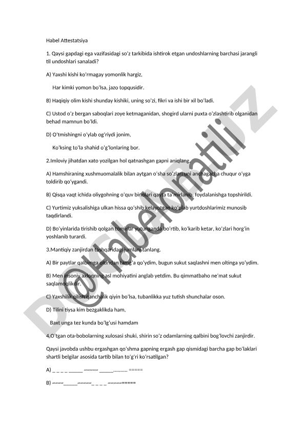 O'zbek tili attestatsiya test savollari