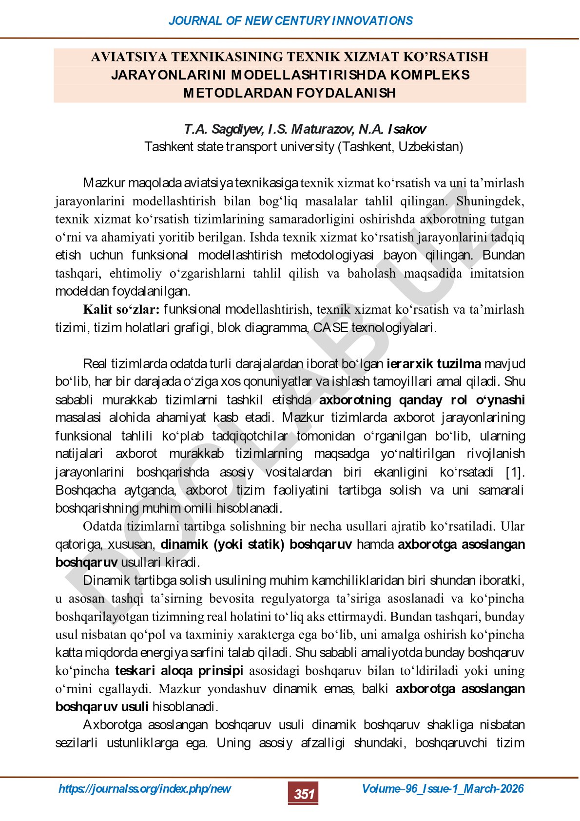 Aviatsiya texnikasining texnik xizmat ko'rsatish jarayonlarini modellashtirishda kompleks metodlardan foydalanish