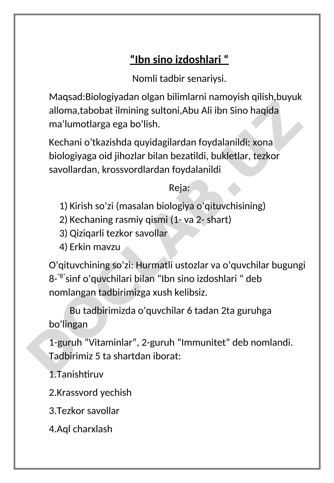 Ibn Sino izdoshlari tadbir senariysi