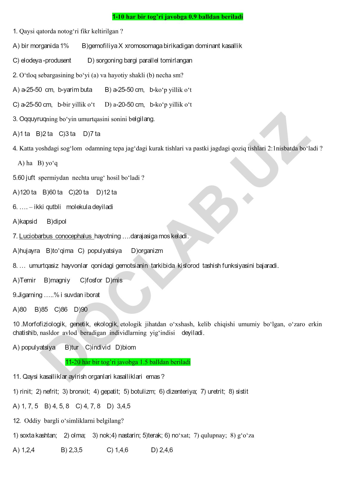 Biologiya fanidan test savollari