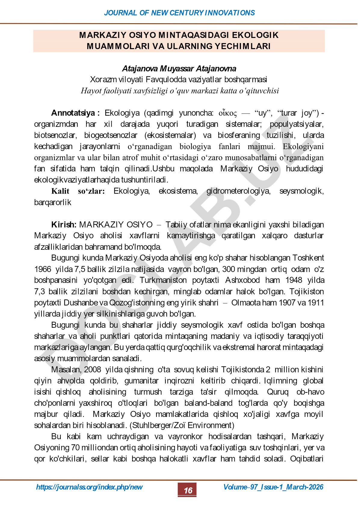 Markaziy Osiyo mintaqasidagi ekologik muammolari va ularning yechimlari