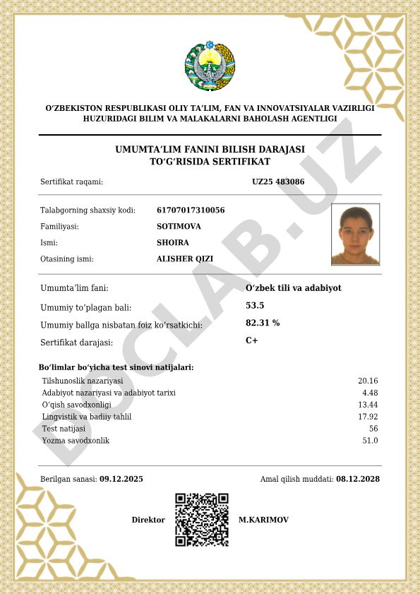 O‘zbek tili va adabiyot fanidan bilish darajasi sertifikati