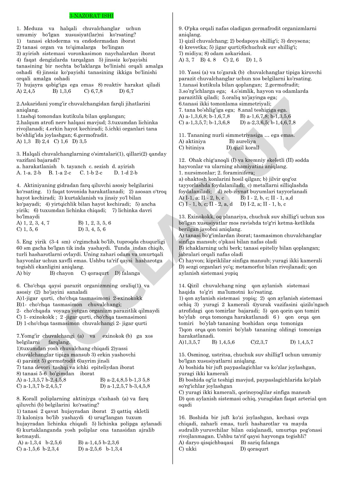 Meduza va halqali chuvalchanglar test savollari