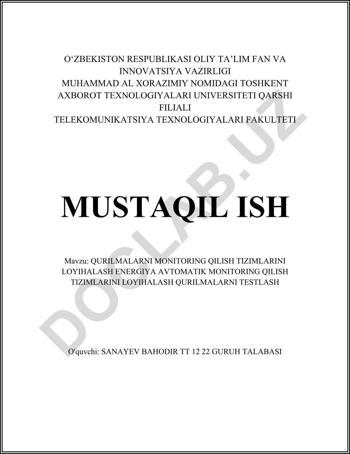 Qurilmalarni monitoring qilish tizimlarini loyihalash va energiya avtomatik monitoring qilish tizimlari