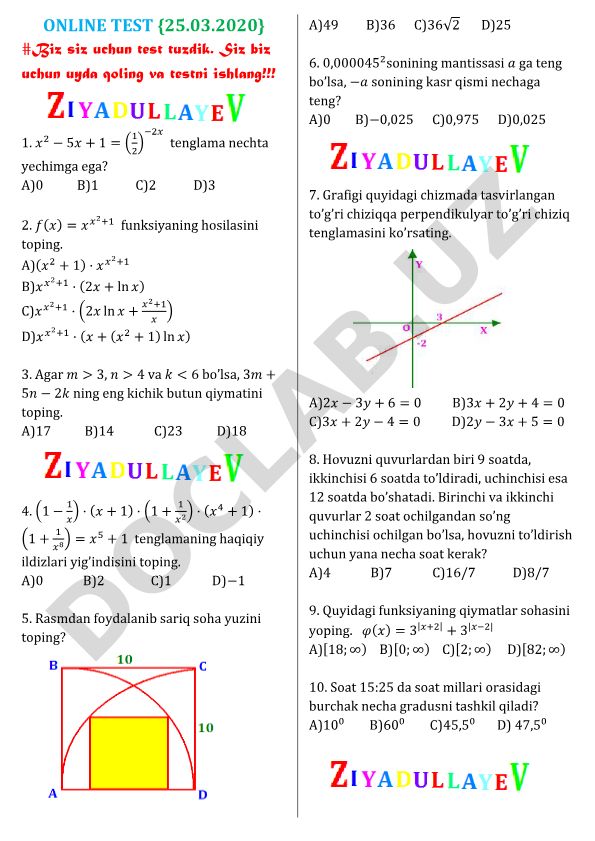 Matematika test savollari