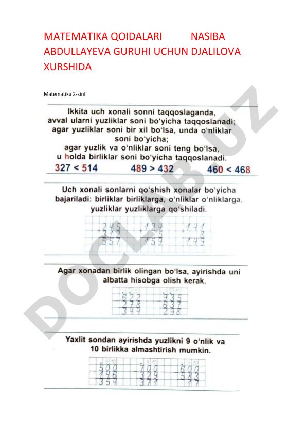 Matematika qoidalari 2-5 sinflar uchun