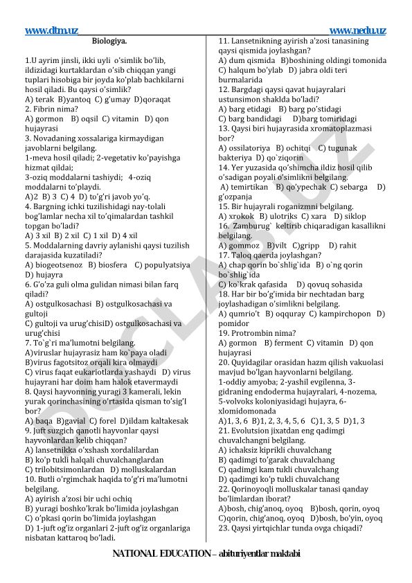 Biologiya fanidan test savollari