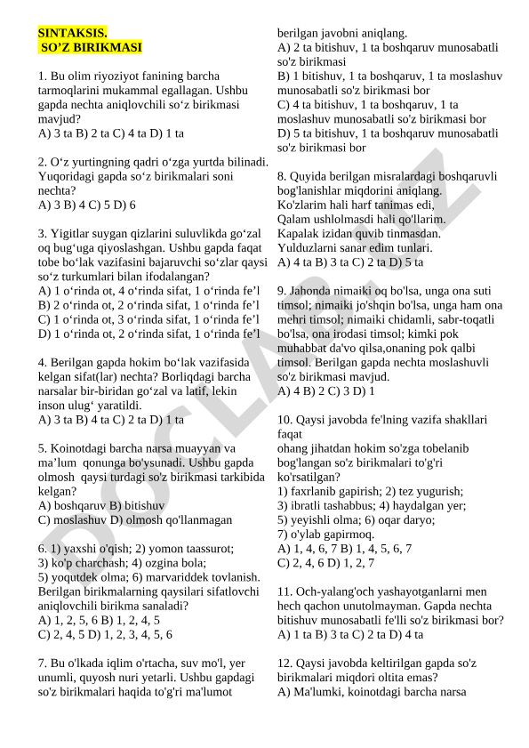 Sintaksis va so'z birikmalari test savollari
