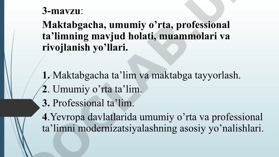 Maktabgacha, umumiy o’rta, professional ta’limning mavjud holati, muammolari va rivojlanish yo’llari
