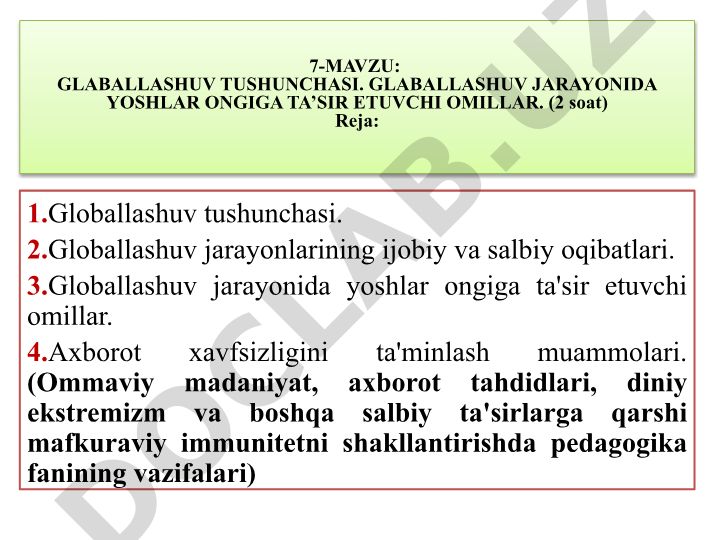 Glaballashuv tushunchasi va yoshlar ongiga ta'sir etuvchi omillar