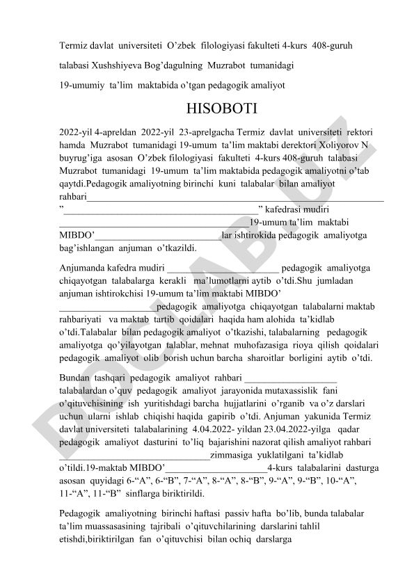 Pedagogik amaliyot hisoboti